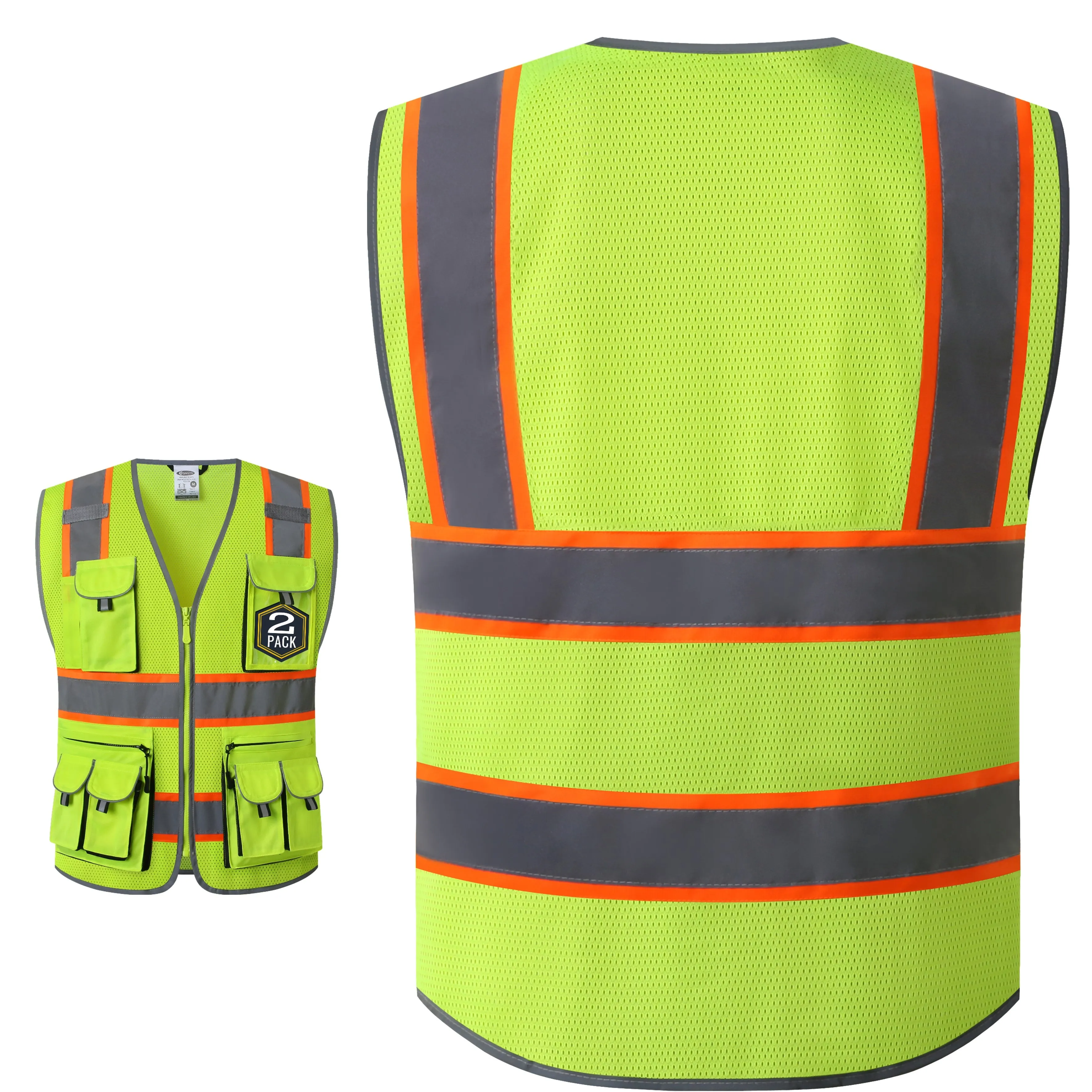 JKSafety 10 Pockets 2-Pack Two-Tone Mesh Hi-Vis Reflective Safety Vest (JK087)