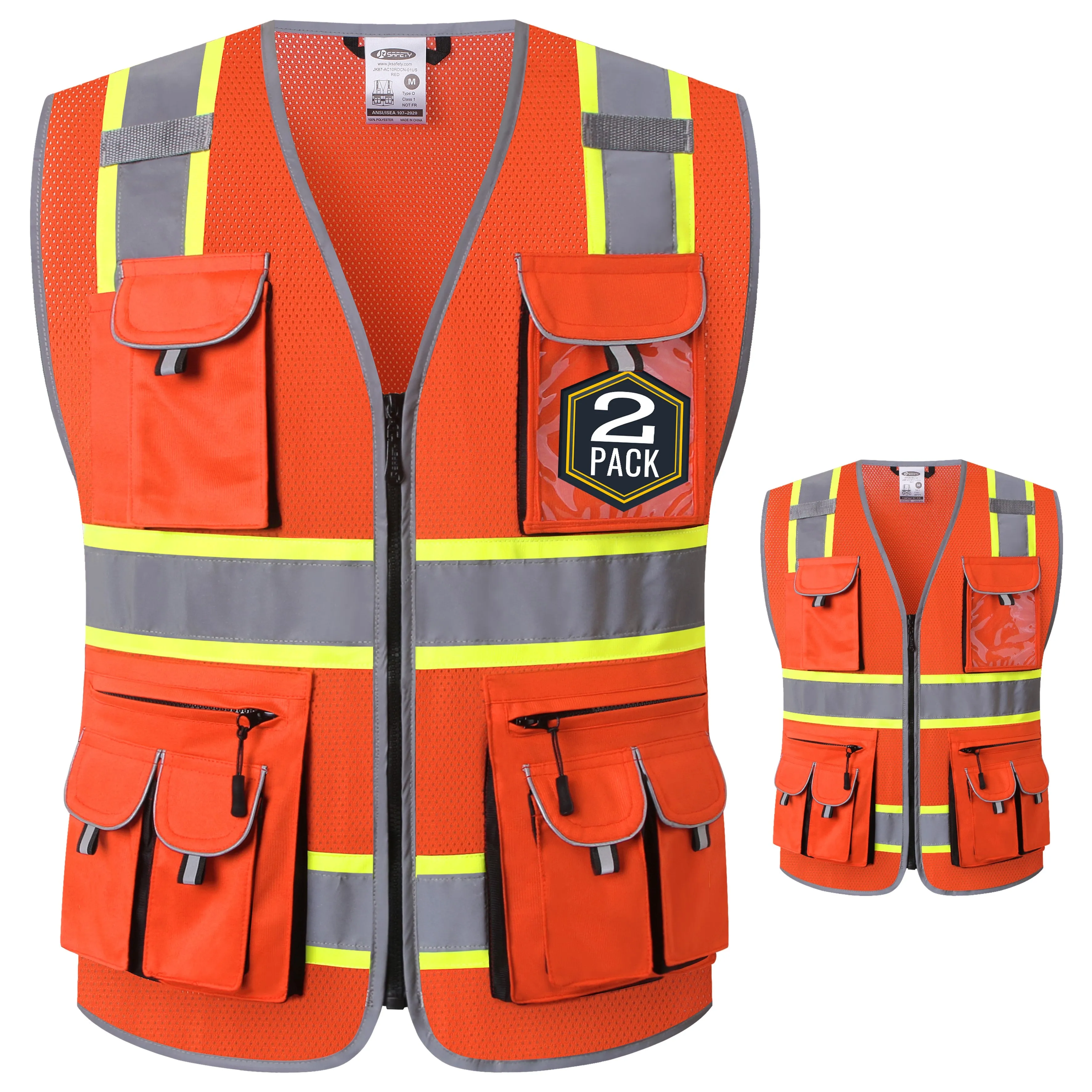 JKSafety 10 Pockets 2-Pack Two-Tone Mesh Hi-Vis Reflective Safety Vest (JK087)