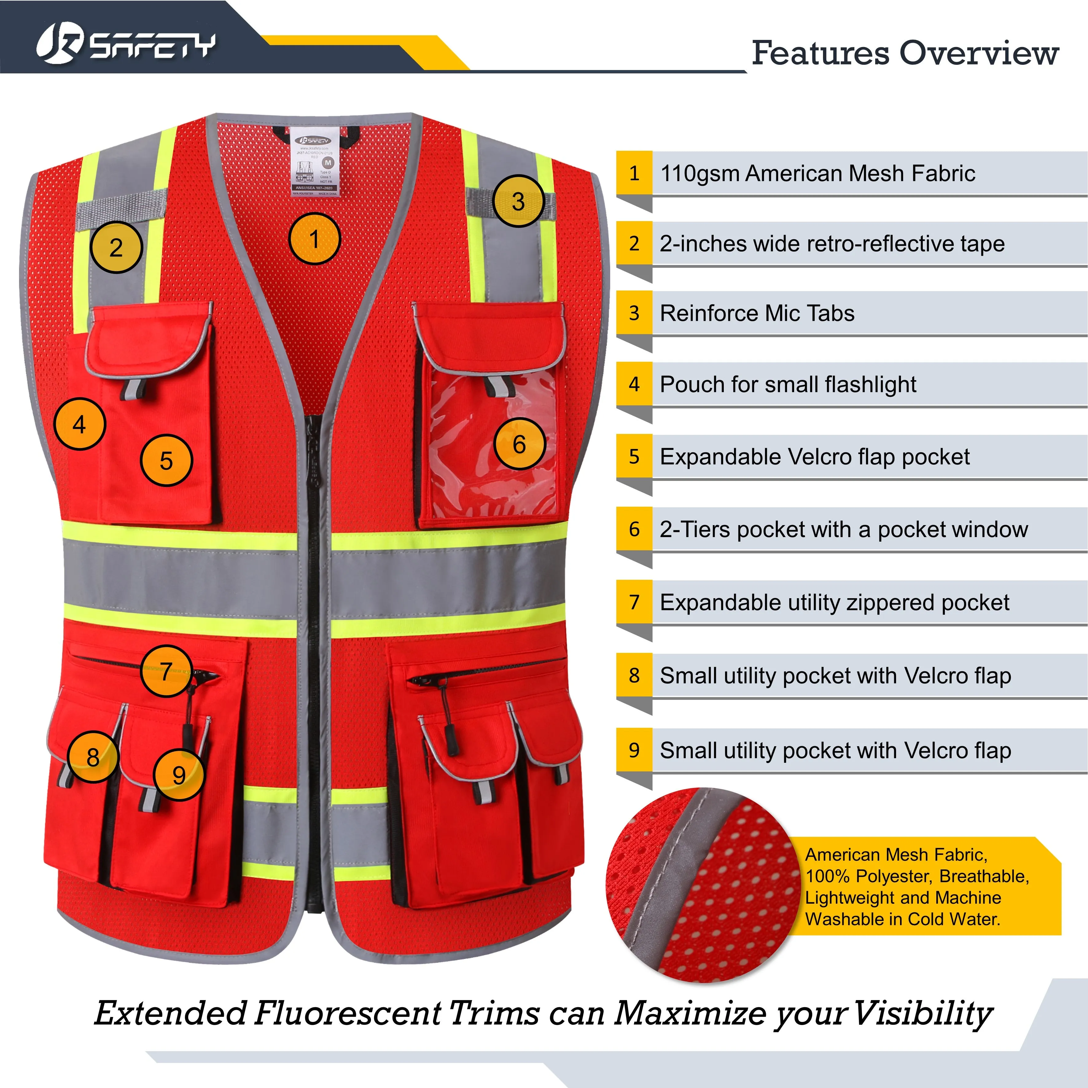 JKSafety 10 Pockets 2-Pack Two-Tone Mesh Hi-Vis Reflective Safety Vest (JK087)