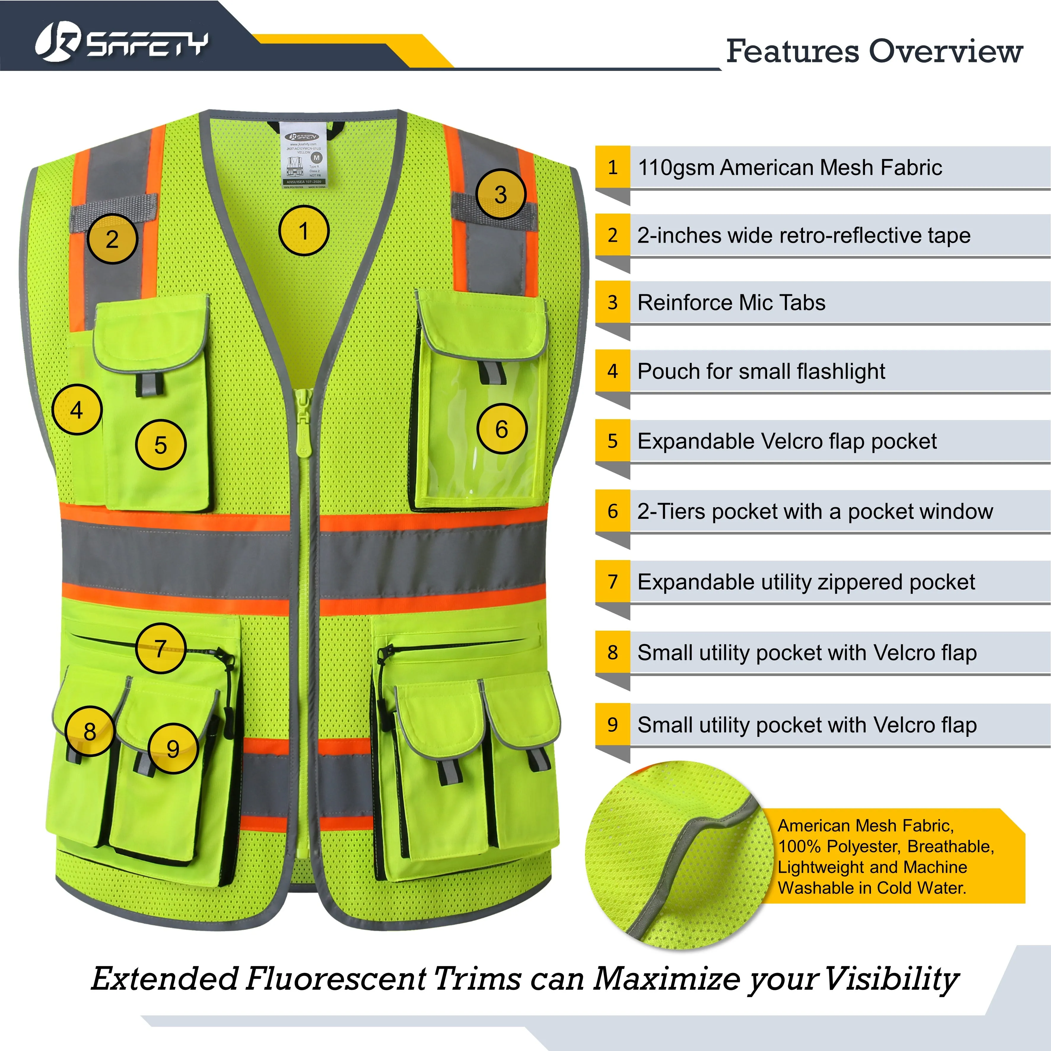 JKSafety 10 Pockets 2-Pack Two-Tone Mesh Hi-Vis Reflective Safety Vest (JK087)