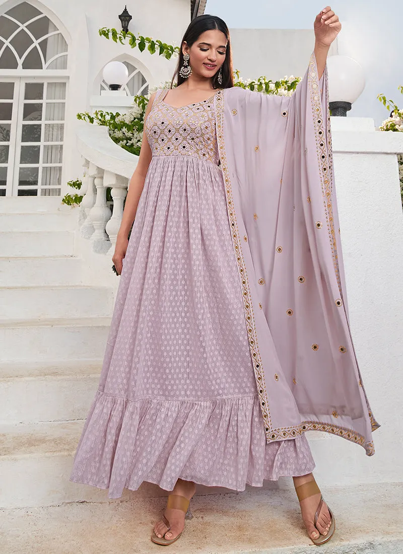 Lavender Mirror Work Embroidered Jacquard Anarkali Suit