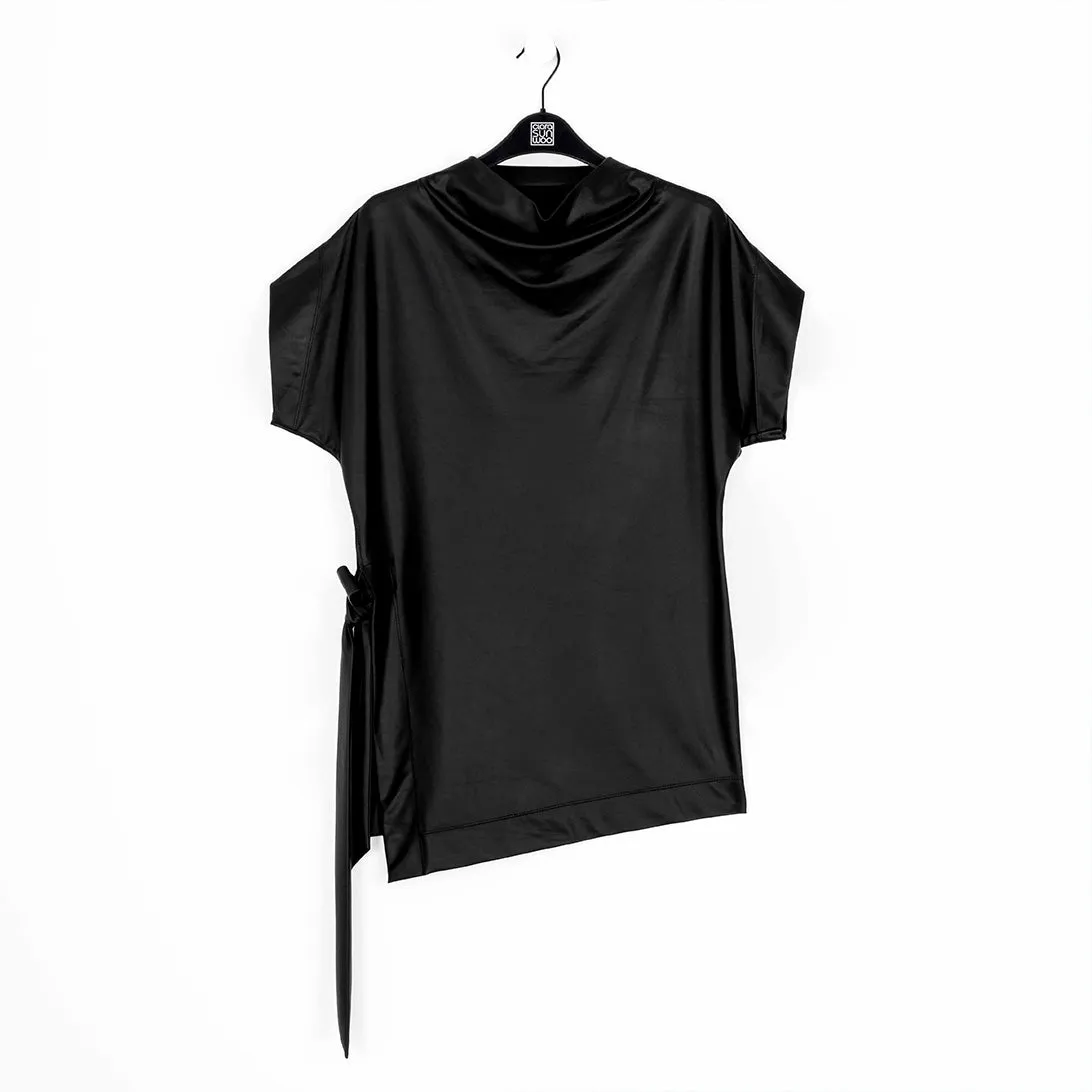 Liquid Leather™ - Funnel Neck Side Vent Tie Tunic - Black - Final Sale!