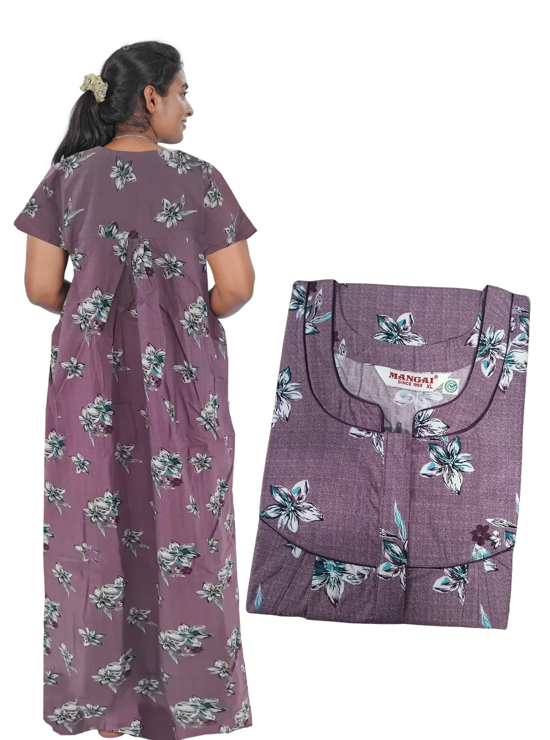 MANGAI New Regular Fit Cotton Printed Pleated Nighties - All Over Printed Stylish Nighties | Side Cut Pocket | Front Open Zipper Type | Beautiful Nighties for Stylish Women's (PLE)