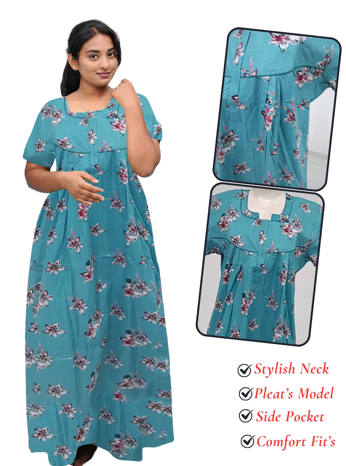 MANGAI New Regular Fit Cotton Printed Pleated Nighties - All Over Printed Stylish Nighties | Side Cut Pocket | Front Open Zipper Type | Beautiful Nighties for Stylish Women's (PLE)