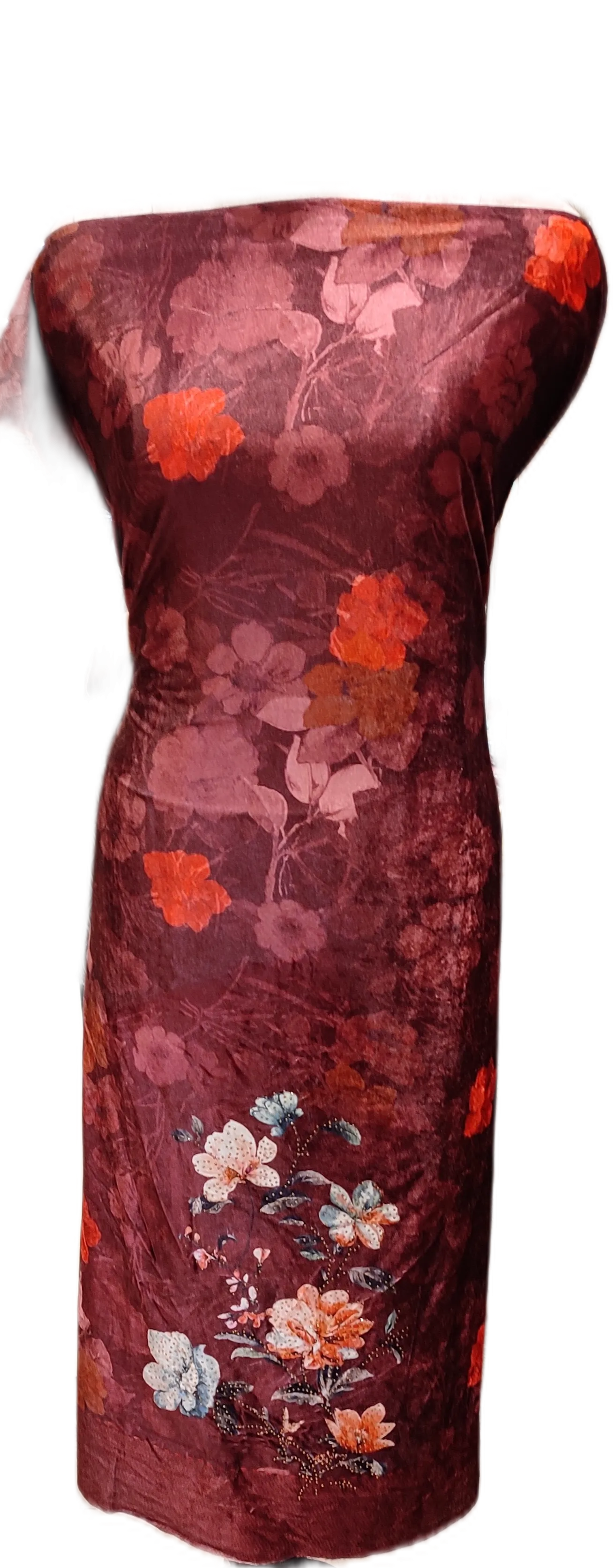 Maroon Micro Velvet Unstitched Suit with Digital Print