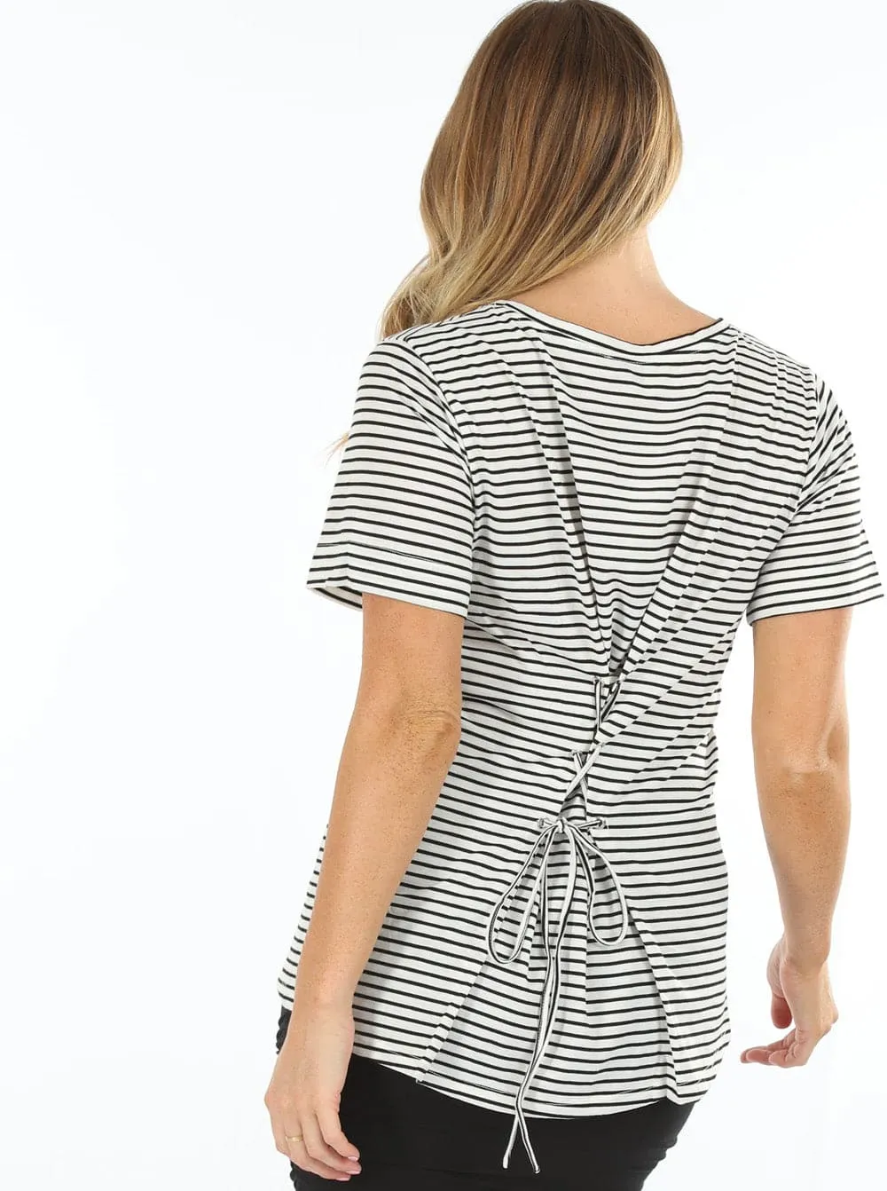 Maternity Cotton Top -  Adjustable Cross String in Back Stripes