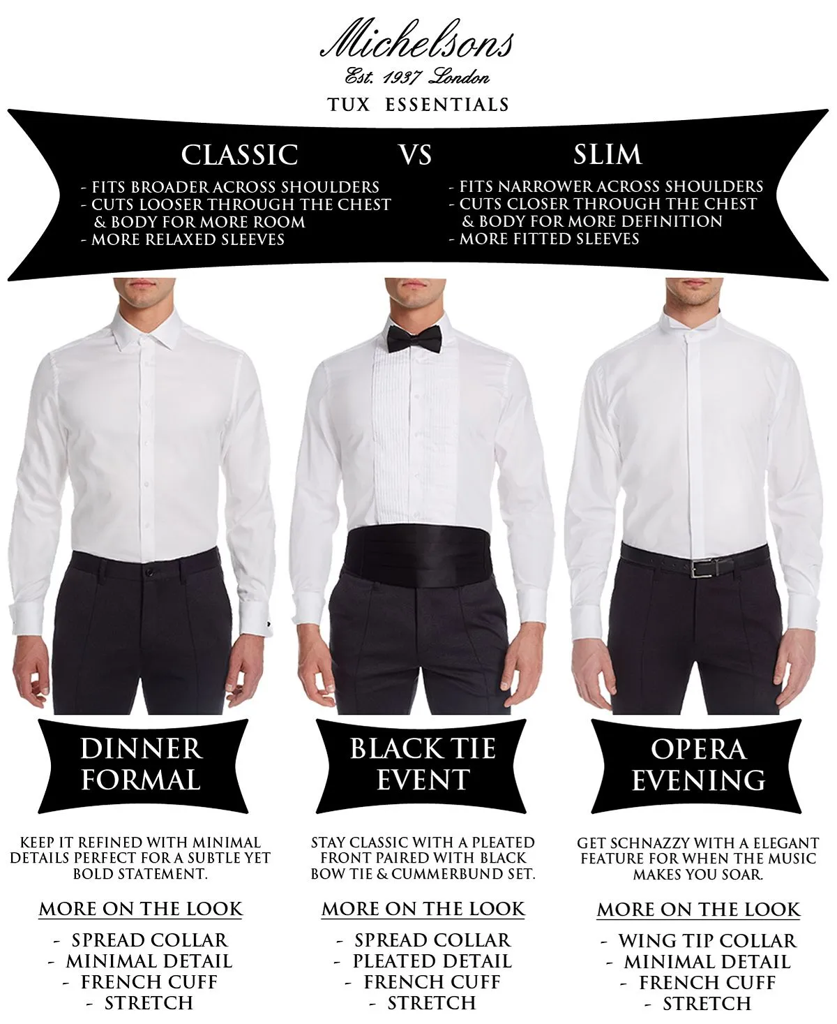 Men's London Classic/Classic Fit Stretch Plain Tuxedo Shirt with Mandarin Collar and Michelsons French Cuffs ,  white