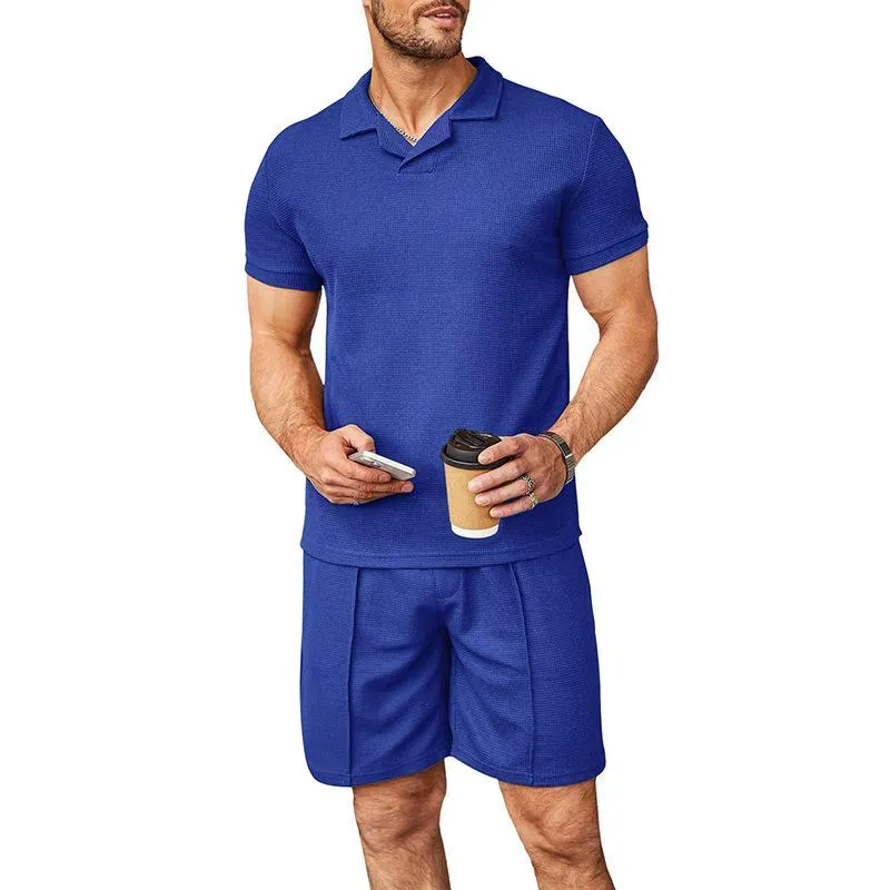 Men's Stylish Waffle V Neck Polo Shirt and Rope Shorts Set 00744142YM