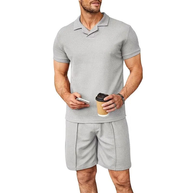 Men's Stylish Waffle V Neck Polo Shirt and Rope Shorts Set 00744142YM