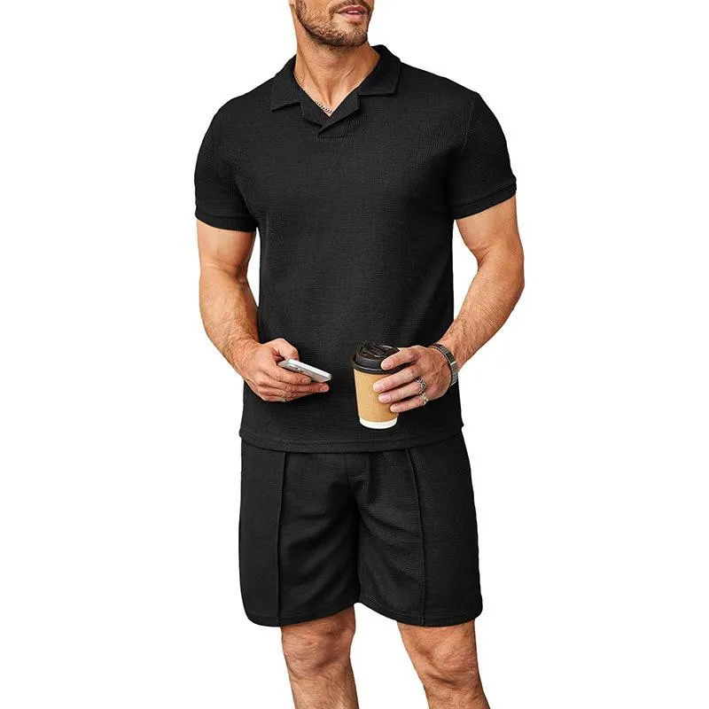 Men's Stylish Waffle V Neck Polo Shirt and Rope Shorts Set 00744142YM