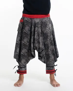 Paisley Thai Hill Tribe Fabric Drop Crotch Harem Pants with Ankle Straps in Black