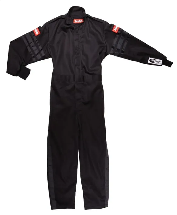 RaceQuip One Piece Single Layer Fire Suit - Black w/Black Stripes - Kids Large - 1959995