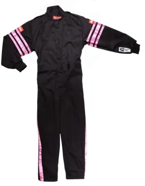 RaceQuip One Piece Single Layer Fire Suit - Black w/Pink Stripes - Kids X-Small - 1950891