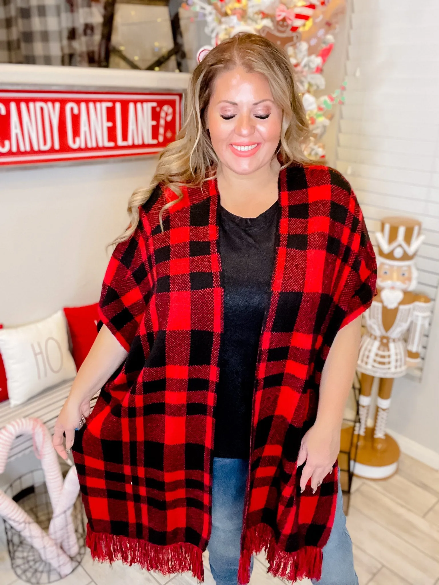 Red & Black Plaid Poncho FINAL SALE