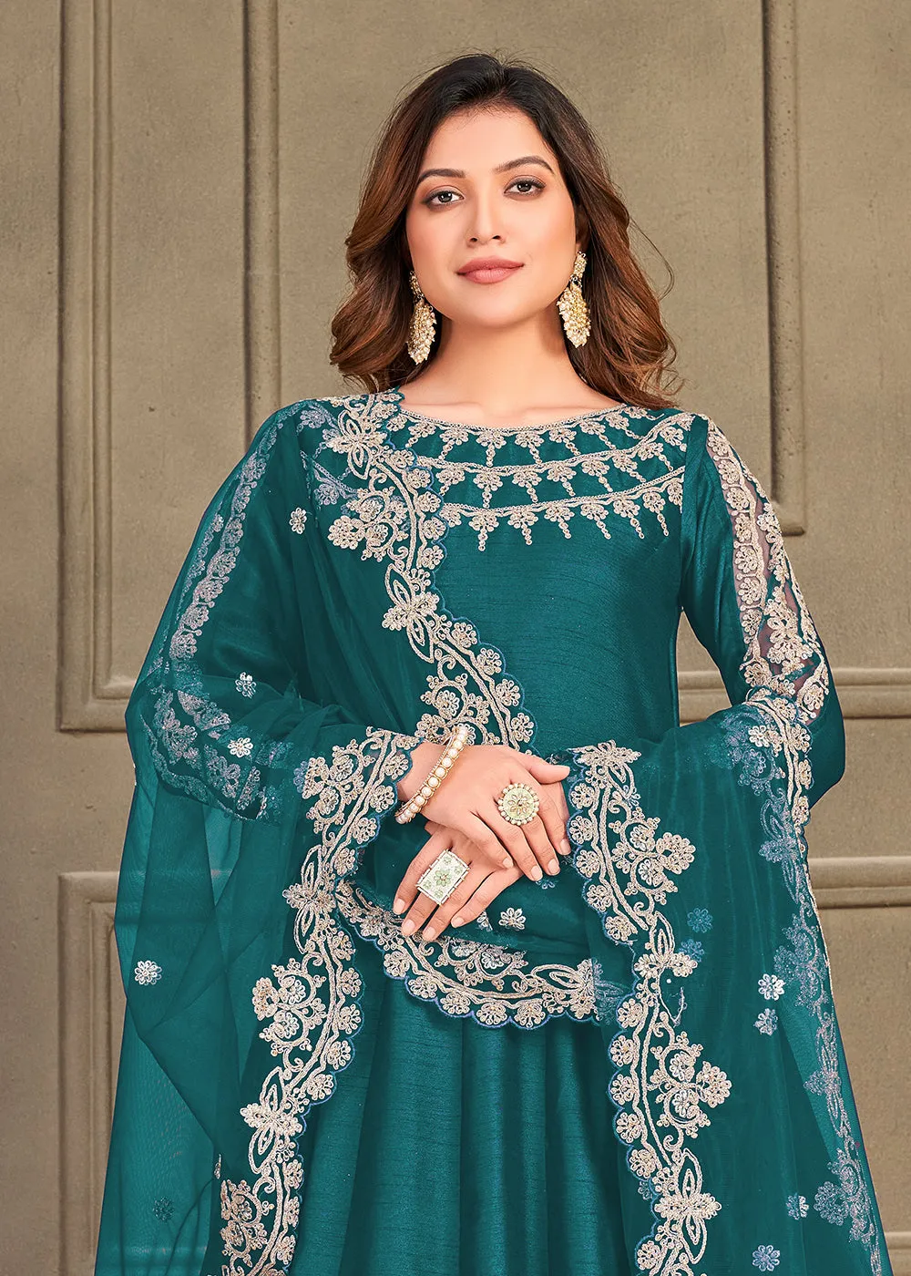 Stylish Teal Green Art Silk Floor Length Anarkali Dress