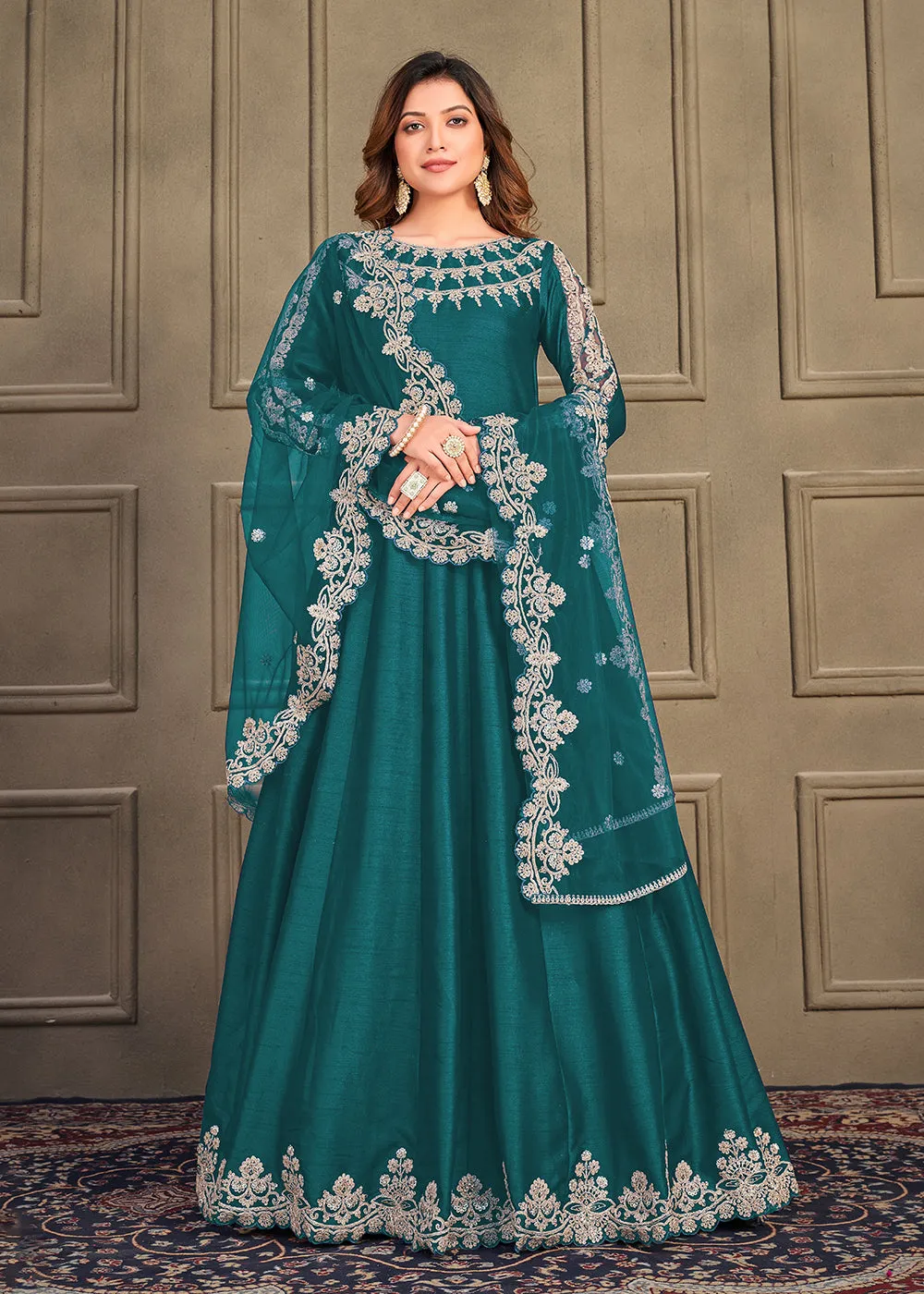 Stylish Teal Green Art Silk Floor Length Anarkali Dress