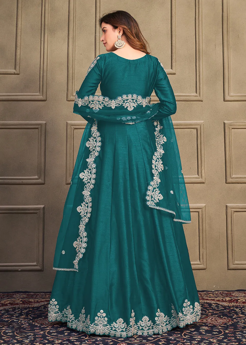 Stylish Teal Green Art Silk Floor Length Anarkali Dress