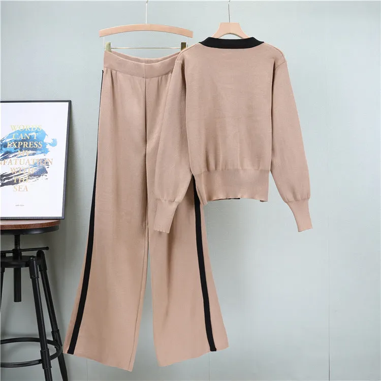 Sweaters Suit V-neck Long-sleeved Cardigan Loose Wide-leg Pants Two-piece Set