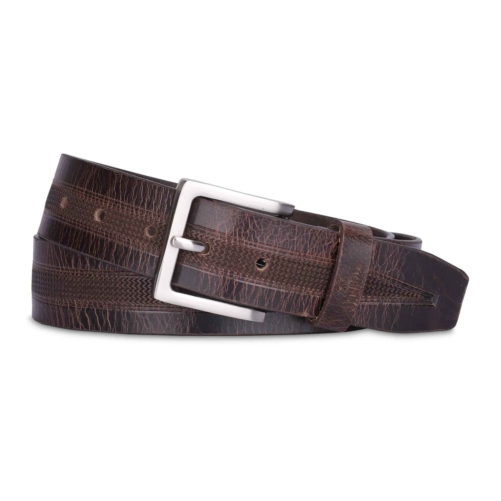 THE CLOWNFISH Men's Genuine Leather Belt with Embossed Design- Brown (Size-36 inches)