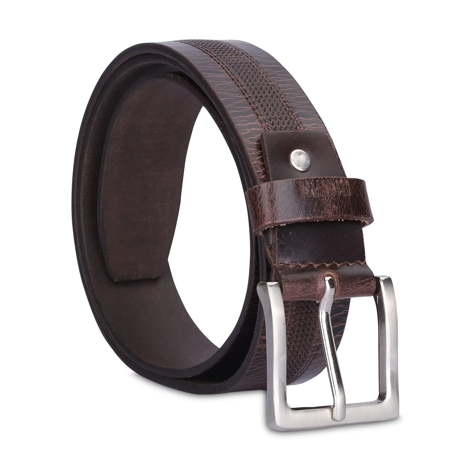 THE CLOWNFISH Men's Genuine Leather Belt with Embossed Design- Brown (Size-36 inches)