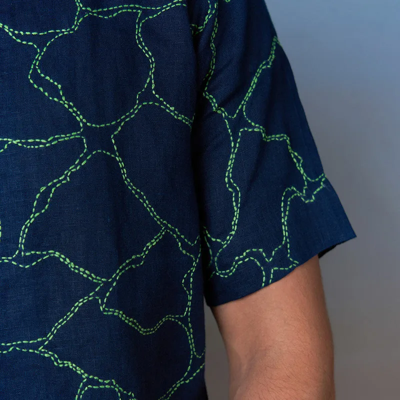 Unisex Linen Shirt | Navy Blue | Hand Embroidered