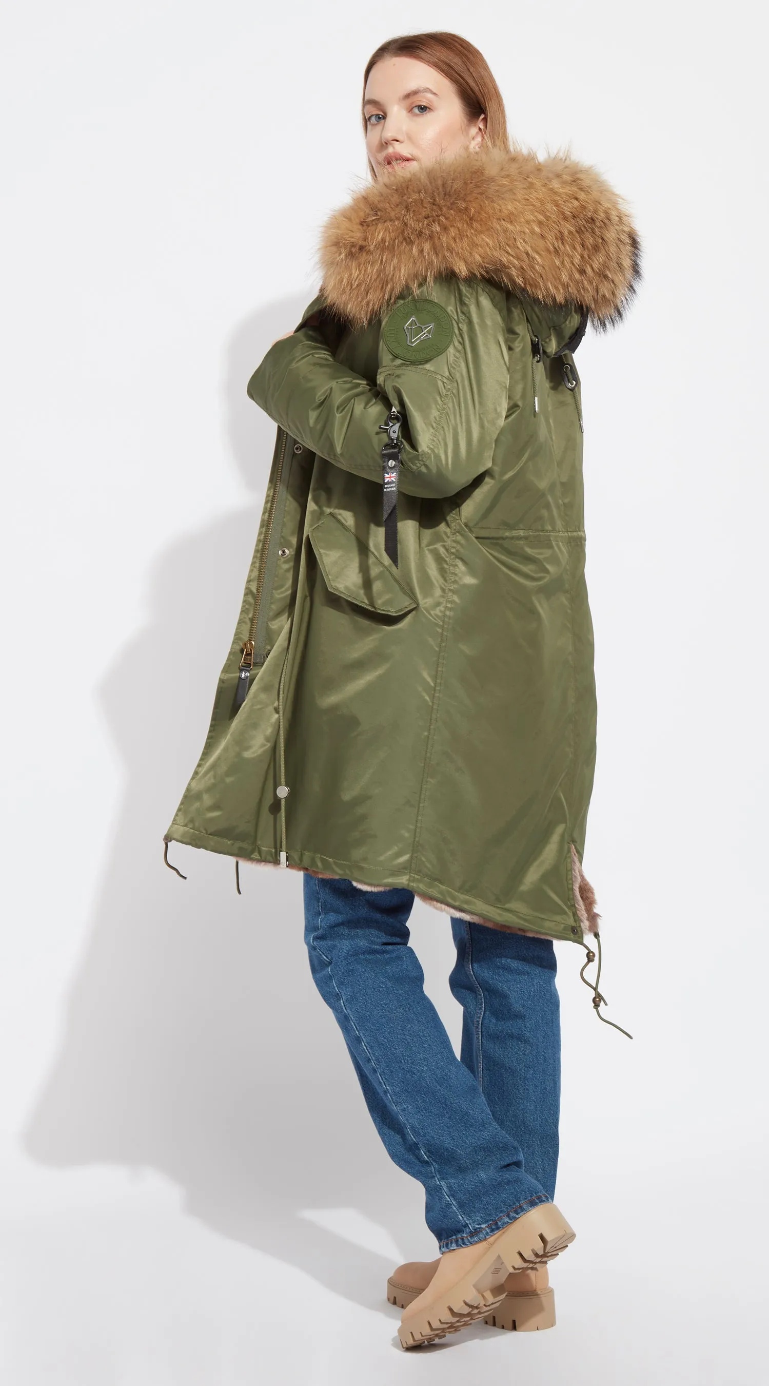 Womens Khaki Water-Repellent Luxy Fur Parka - 3/4 Natural