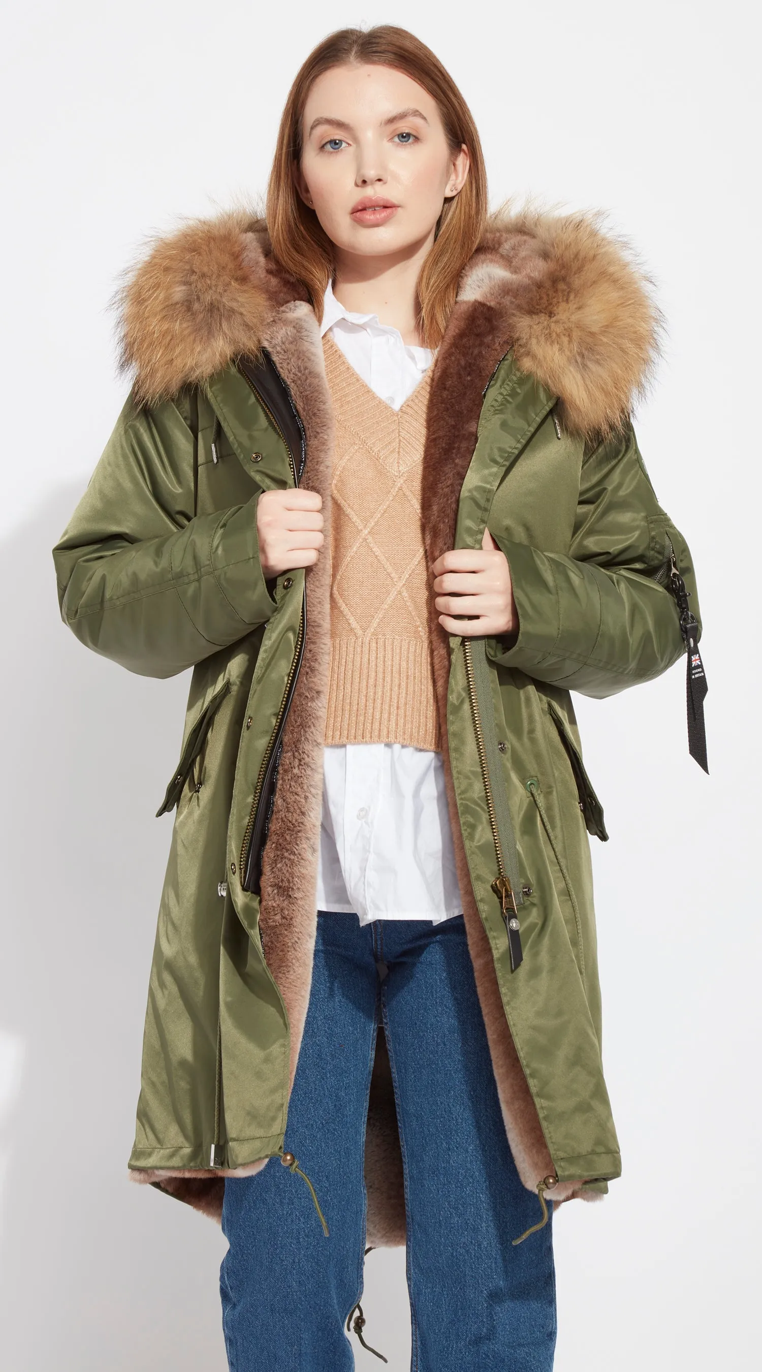 Womens Khaki Water-Repellent Luxy Fur Parka - 3/4 Natural