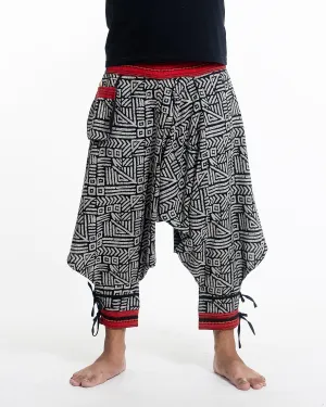 Woven Prints Thai Hill Tribe Fabric Drop Crotch Harem Pants with Ankle Straps in Black