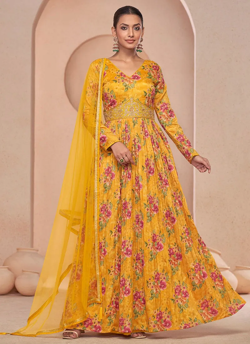 Yellow Floral Print And Handwork Embroidery Anarkali Style Gown