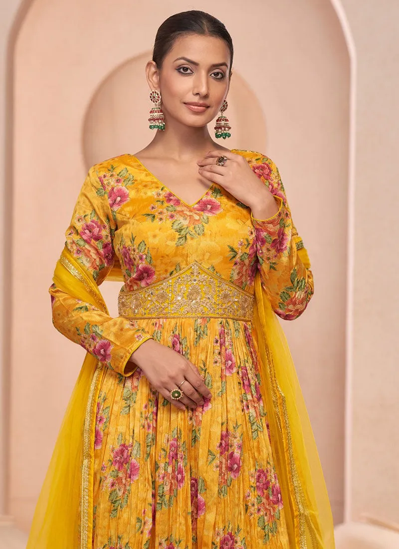 Yellow Floral Print And Handwork Embroidery Anarkali Style Gown