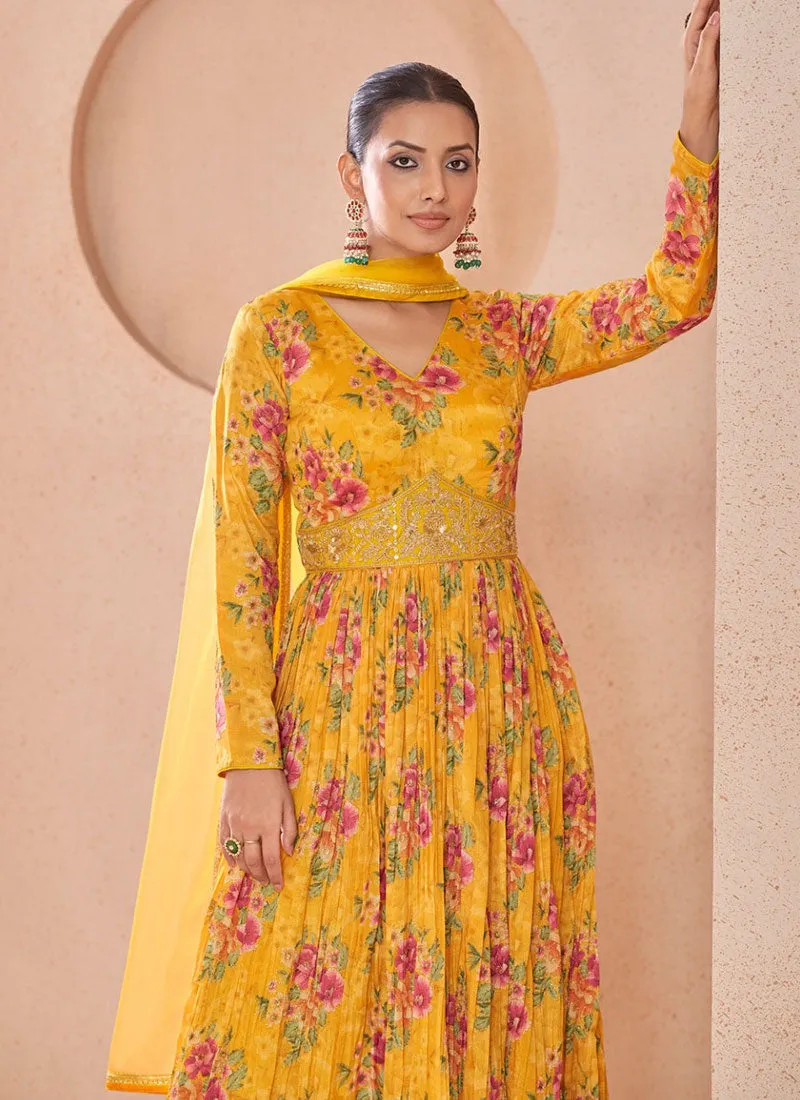 Yellow Floral Print And Handwork Embroidery Anarkali Style Gown